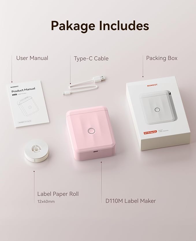 NIIMBOT Label Maker Machine Bluetooth Label Printer for School Home Office Organization, Wireless Mini Labeler D110 Upgraded Version, Label Machine with 1 Label Tape, Pink