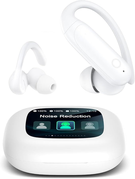 LEEMC Wireless Earbuds, Bluetooth Headphones 6.0, Ear Buds with Touch Screen, ANC ENC Noise Cancelling, 40H Bass Stereo Sound Over-Ear Earphones for iOS, Android, Sports, Workout, White