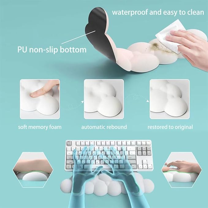 MXCOIRTP Cloud Mouse Pad Wrist Support Keyboard Wrist Rest Set, Ergonomic Cloud Arm Wrist Pad with Memory Foam, Non-Slip Base for Typing Pain Relief, Home, Office, Laptop, Gaming, Grayish Blue & White