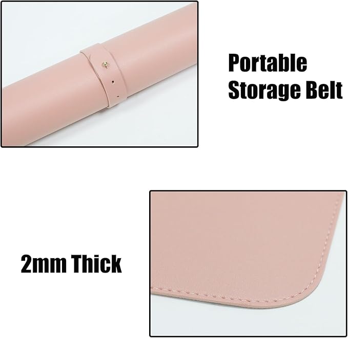 Double-Sided Keyboard Mouse Pad, 31.5"x15.7" PU Leather and Cork Desk Mat Large Overlocked-Edge Desk Pad with Matching Thread, Pink