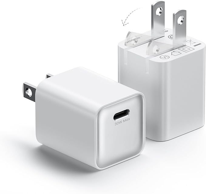 30W Compact Wall Charger, USB C Charger Block with GaN III Tech, PD3.0 PPS QC4.0 Fast Charging Foldable Power Adapter for iPhone 17 16 15, Galaxy, Pixel, iPad, AirPods (White, 2 Pack)