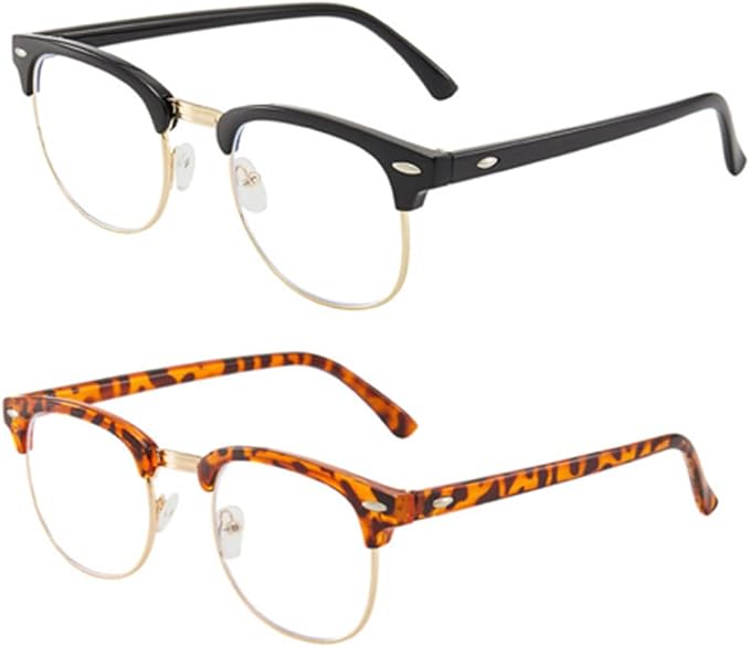 Half frame Retro Semi Rimless Clear Lens Glasses Blue Blocking Eyewear For Men Women 2 Pack