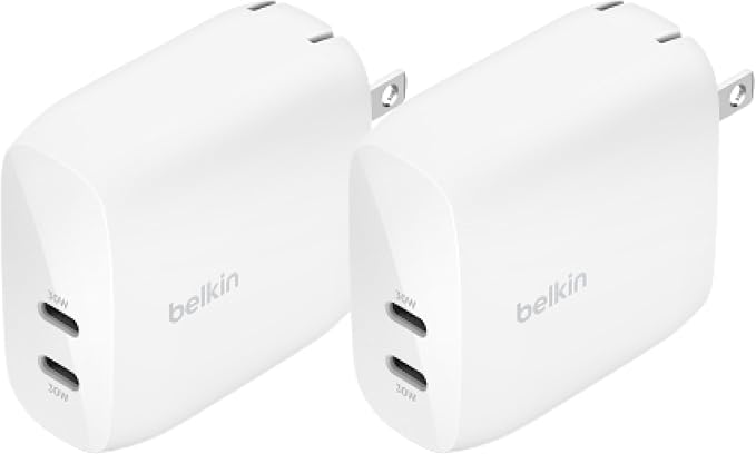 Belkin Dual USB C Charger Block 60W (2 Pack) w/PPS Super Fast Charging - Samsung Galaxy S25, Apple iPhone 17, Air, Pro, Pro Max, iPad, AirPods, Apple Watch, Google Pixel, Nintendo Switch 2 - White