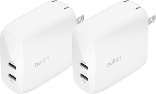 Belkin Dual USB C Charger Block 60W (2 Pack) w/PPS Super Fast Charging - Samsung Galaxy S25, Apple iPhone 17, Air, Pro, Pro Max, iPad, AirPods, Apple Watch, Google Pixel, Nintendo Switch 2 - White