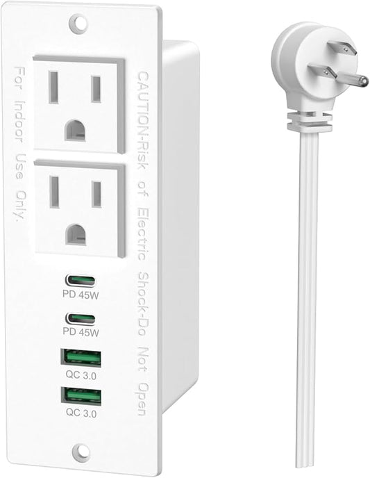 45W USB C Recessed Power Strip, Recessed Outlet with 2AC & 2 PD USB C + 2 QC USB-A Ports, Flush Mount Furniture Hidden Drawer Fast Charging Station for Home Office-6FT