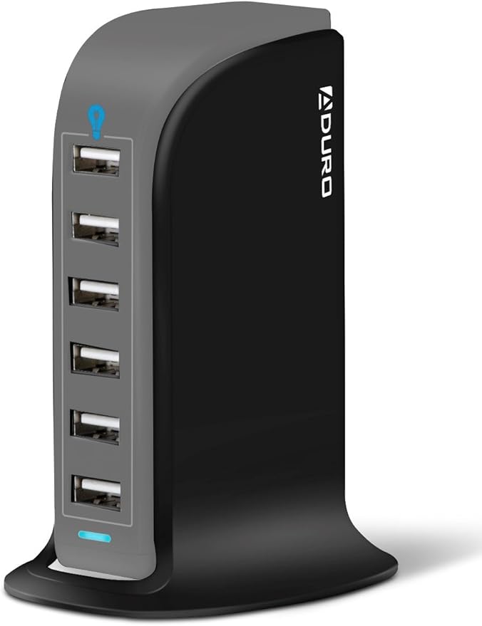 Aduro 40W 6-Port USB Desktop Charging Station Hub Wall Charger for iPhone iPad Tablets Smartphones with Smart Flow (Black/Grey)
