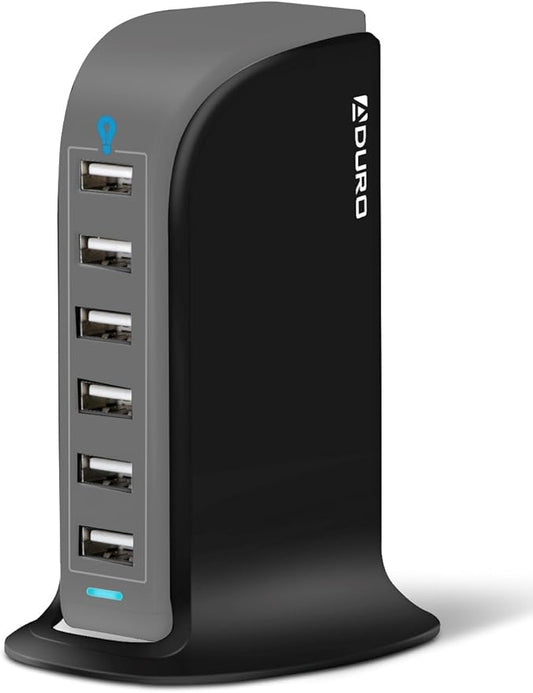 Aduro 40W 6-Port USB Desktop Charging Station Hub Wall Charger for iPhone iPad Tablets Smartphones with Smart Flow (Black/Grey)
