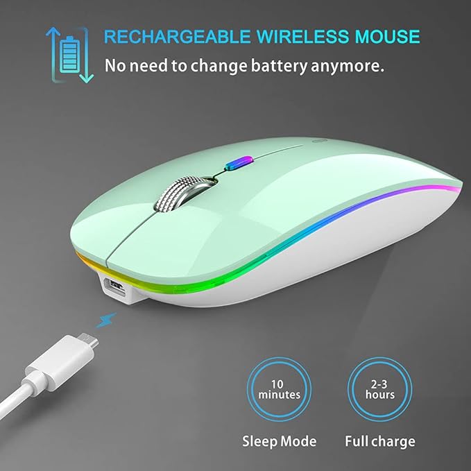 TENMOS Wireless Bluetooth Mouse, LED Slim Dual Mode (Bluetooth 5.1 + USB) 2.4GHz Rechargeable Silent Mint Green Mouse for Laptop/MacBook/iPad OS 13 and Above