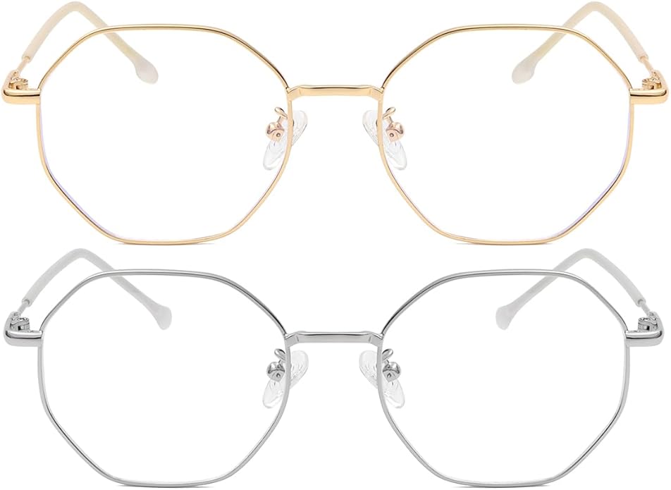 JOVAKIT Polygon Blue Light Blocking Glasses for Women Men Vintage Octagon Square Non-prescription Metal Eyeglasses