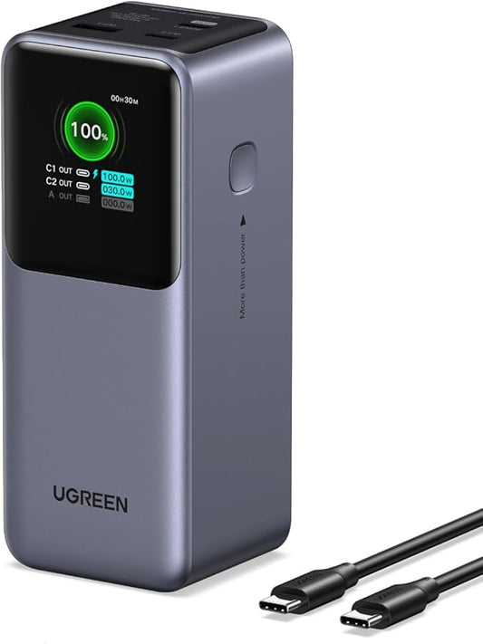 UGREEN Nexode Power Bank 20000mAh 130W Portable Charger 72Wh PD Fast Charging 3-Port USB C Battery Pack with TFT Smart Display for MacBook/iPad/iPhone 17/16/Samsung S26 and More