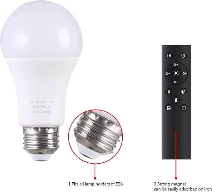 A19 LED Light Bulbs with Remote Control, 800LM 9W (60W Equivalent) Bulbs,Stepless Dimmable 3000K-6000K,E26 Base,CRI 80+,2.4GHz,25000+ Hours Lifespan,Light Bulb for Home Decor,3Bulb & 1Remote