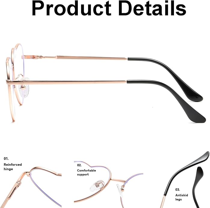 JOVAKIT Heart Shaped Blue Light Blocking Glasses for Women Fashion Vintage Lovely Style Metal Frame Eyeglasses