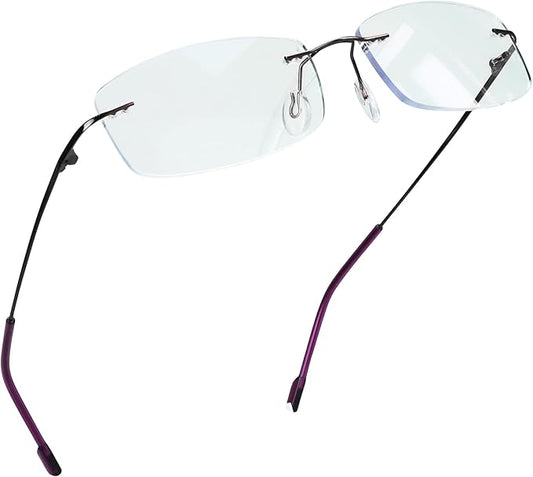 LifeArt Blue Light Blocking Computer Reading Glasses,Men's and Women's Rimless Frame (Purple, +4.00 Magnification)