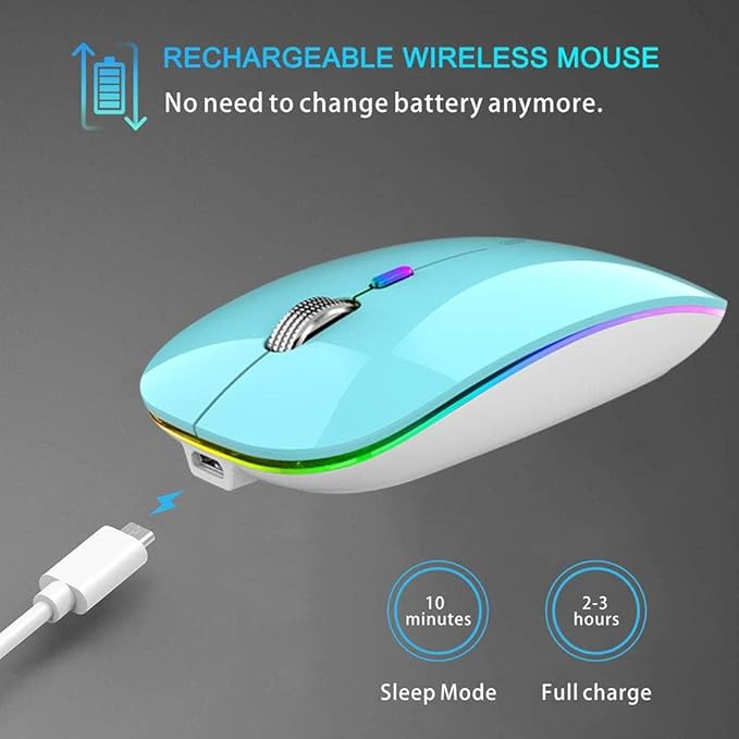 TENMOS Wireless Bluetooth Mouse, LED Slim (BT 5.1 + USB) 2.4GHz Rechargeable Silent Bluetooth Wireless Mouse with Type C Adapter for Laptop/MacBook/iPad OS 13 and Above (Blue)