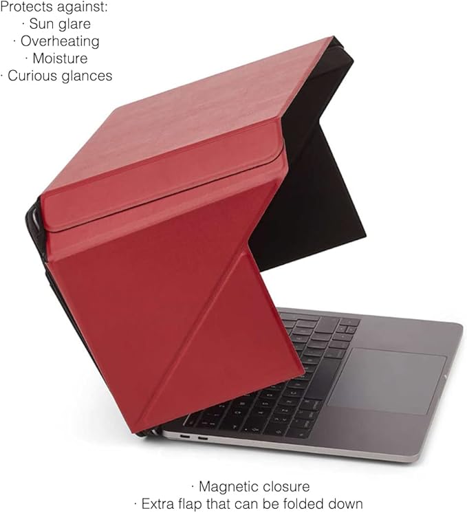 4-in-1 Laptop Screen Shade – Original Lux Hood – Sun, Privacy, Heat & Contrast Protection, Freestanding with Pocket, Fits 12–14” MacBook & PC, Patented, Red | PHILBERT Danish Design