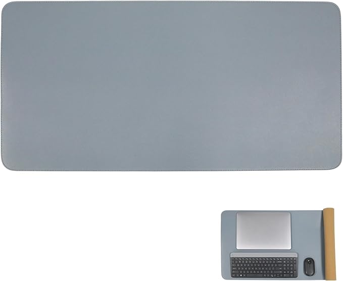Double-Sided Keyboard Mouse Pad, 31.5"x15.7" PU Leather and Cork Desk Mat Large Overlocked-Edge Desk Pad with Matching Thread, Blue