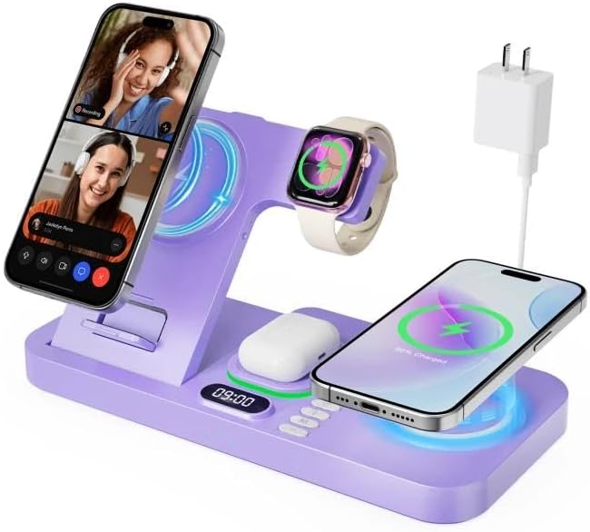 Dual Phone Magnetic Wireless Charging Station for Apple Ecosystem, Wireless Charging Station for Apple Devices with Auto Switch 7-Color Light & Clock,for iPhone17,for iwatch10, for AirPods Pro3（Puple