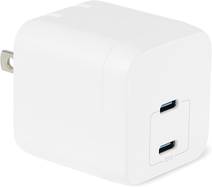 Amazon Basics Fast Charging USB C Nano GaN Wall Charger, 35W 2-Port for Tablets Phones, White