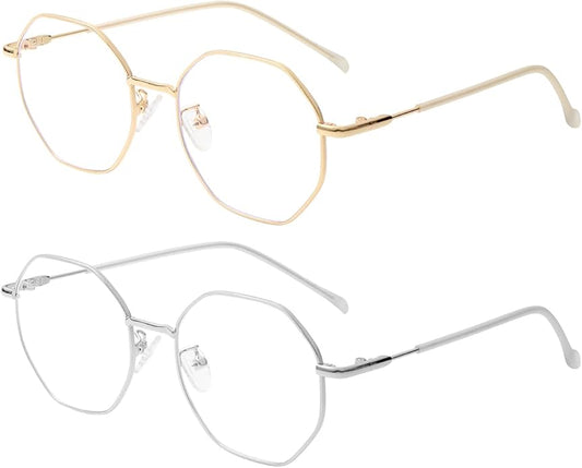 Polygon Blue Light Blocking Glasses for Women Men Retro Octagon Square Non-prescription Metal Frame Eyeglasses
