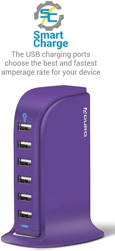 Aduro 40W 6-Port USB Desktop Charging Station Hub Wall Charger for iPhone iPad Tablets Smartphones with Smart Flow (Purple)