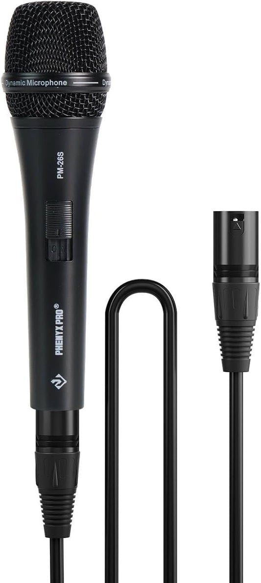 Phenyx Pro Vocal Microphone, Supercardioid Dynamic Mic with 16.4 ft XLR Cable, Mic Clip, Storage Bag, Wired Handheld Microphone for Singing, Stage, Studio, Karaoke (PM-26S)