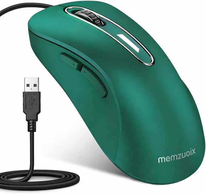memzuoix Wired Mouse, USB Computer Mouse 1400 DPI Mobile Optical Mouse Ergonomic Design Computer Mice with 5FT Cord for Laptop, PC, Desktop, MacBook, 5 Buttons (Dark Green)