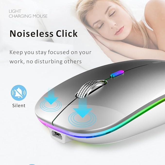 Uiosmuph LED Wireless Mouse, G12 Slim Rechargeable Silent Mouse, 2.4G Portable USB Optical Wireless Computer Mice with USB Receiver and Type C Adapter (Silver)