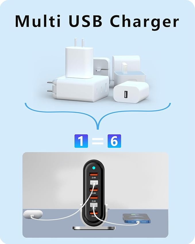 Type a Charger Fast Charging USB Charger Block Charging Station for Multiple Devices qc3.0 Phone Charging Station for iPhone 14/13/12/11 Pro Max,XR,XS,Air,Mini,Galaxy LG and More (Silver)
