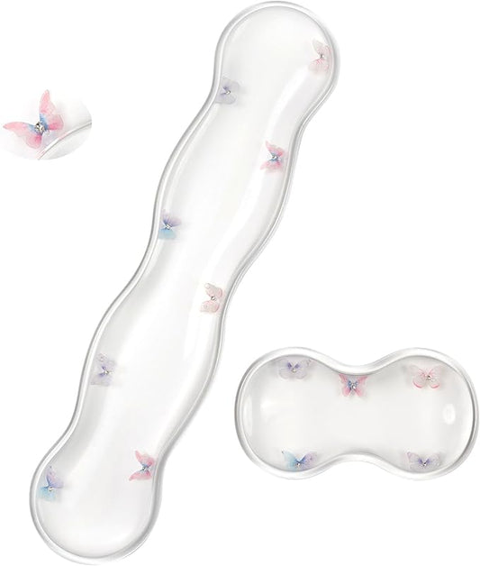 Gel Keyboard and Mouse Wrist Rest Set – Clear Wrist Rest for Computer Keyboard 60%/68%/75%, Comfort & Support for Typing and Gaming (Cute Butterfly)