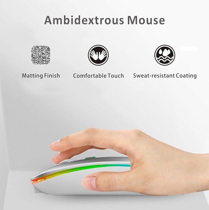 Uiosmuph LED Wireless Mouse, G12 Slim Rechargeable Silent Mouse, 2.4G Portable USB Optical Wireless Computer Mice with USB Receiver and Type C Adapter (Silver)