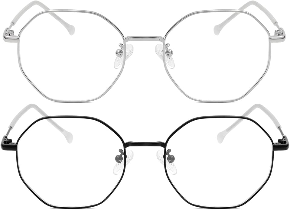 JOVAKIT Polygon Blue Light Blocking Glasses for Women Men Vintage Octagon Square Non-prescription Metal Eyeglasses