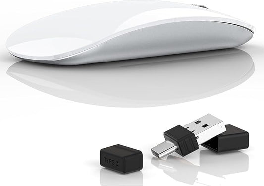 Uiosmuph G11 Wireless Mouse, USB C Rechargeable Computer Mouse, Slim Silent Mice 2.4GHz Optical with USB Nano Receiver and USB C Receiver for Laptop/Mac/PC - White