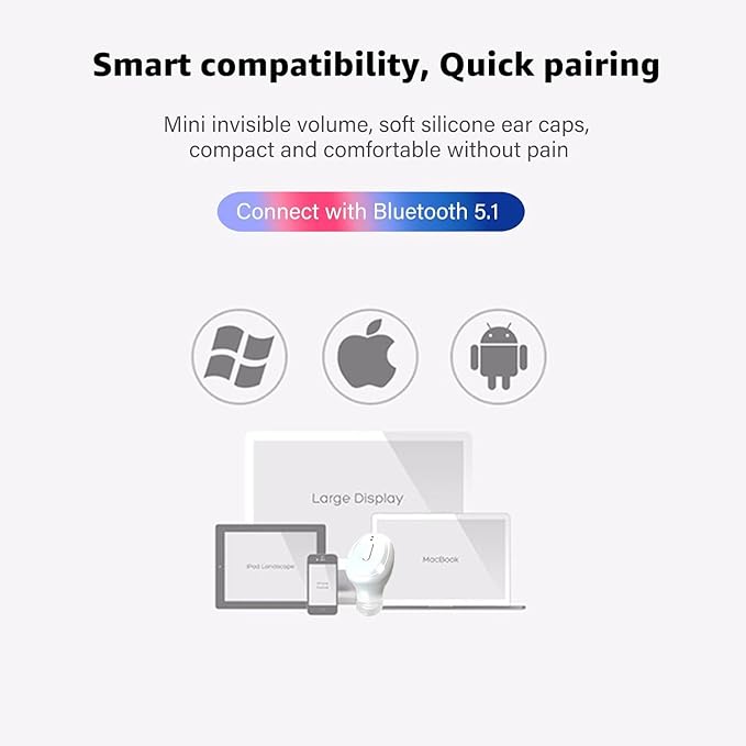 Single Bluetooth Wireless Earbud, Mini Invisible in-Ear Wireless Bluetooth Headphone 12 Hours Super Long Battery Life Suitable for Sports Work and Sleep - White