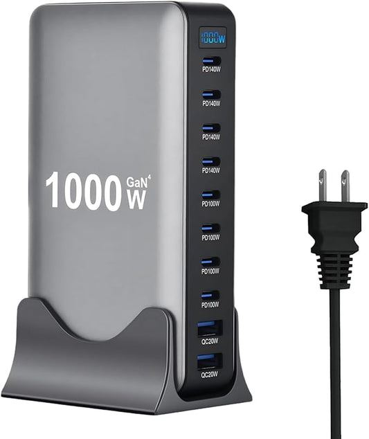 1000W USB C Fast Charger Block, 10 Ports GaN IV Pro USB Chagring Station, 140W PD QC HUB for Multiple Devices, Laptop Adapter Compatible with MacBook Pro/Air iPad iPhone Pro Max, Galaxy, Dell, HP