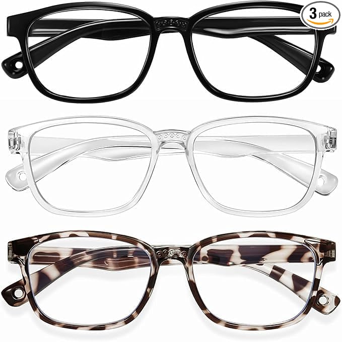 Okany Blue Light Glasses for Kids 3 Pack Anti Glare & Eye Strain Glasses Computer TV Phone Tablets UV Protection Glasses for Kids Boys Girls Age 3-10 (Black + Transparent + Leopard)