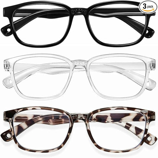 Okany Blue Light Glasses for Kids 3 Pack Anti Glare & Eye Strain Glasses Computer TV Phone Tablets UV Protection Glasses for Kids Boys Girls Age 3-10 (Black + Transparent + Leopard)