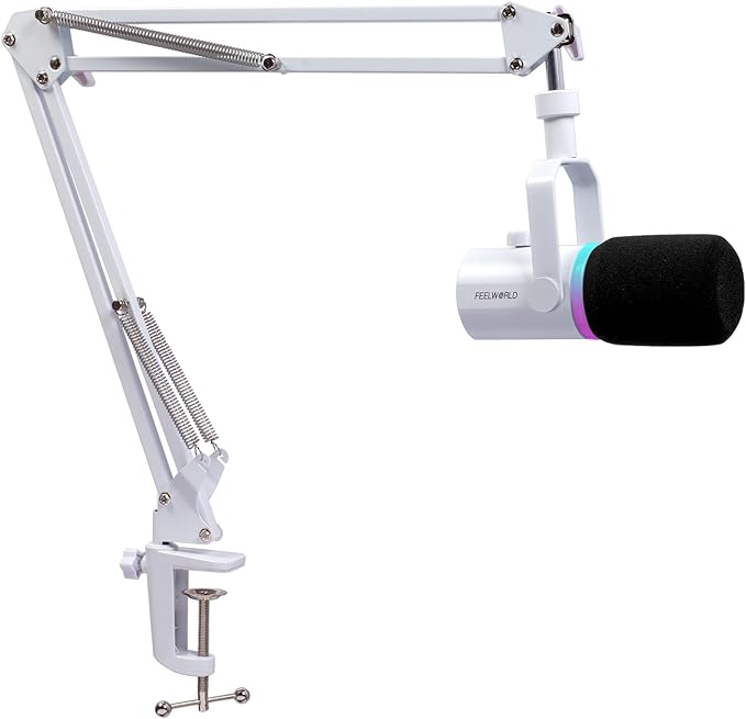 FEELWORLD PM1 XLR USB Dynamic Microphone with Boom Arm Gifts for Podcast Recording PC Computer Gaming Live Streaming Vocal Voice-Over, Studio Metal Mic, RGB Light, Mute Button, Headphones Jack (White)