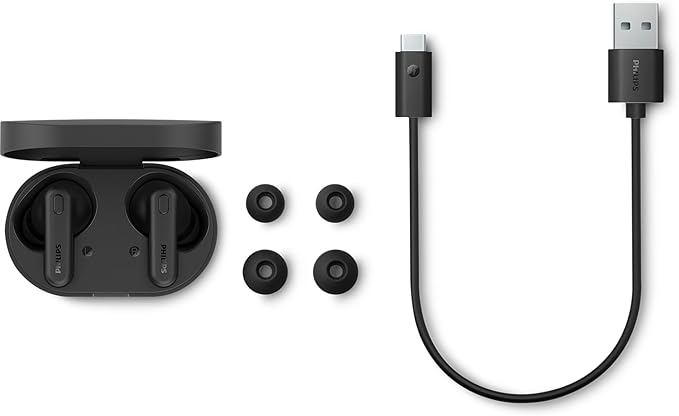 Philips TAT1108 Wireless Earbuds,True Wireless Headphones,Powerful Bass with 6 mm Driver,Clear Call with AI Mic,15-Hour Battery Life,Bluetooth v5.3,IPX4 Rating,Ergonomic Design for Comfort,Black