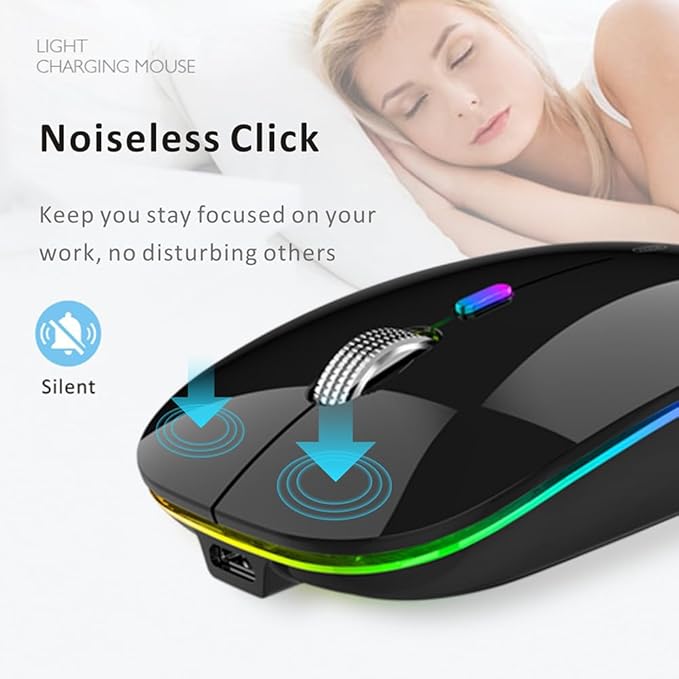 Uiosmuph LED Wireless Mouse, G12 Slim Rechargeable Silent Mouse, 2.4G Portable USB Optical Wireless Computer Mice with USB Receiver and Type C Adapter (Black)