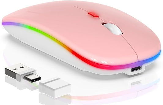 LED Wireless Laptop Mouse, Bluetooth Wireless Mouse for MacBook Air Pro Mac iPad PC, Rechargeable 2 Mode (BT 5.2 + 2.4G USB A/USB C Receiver) Slim Portable Computer Mice with Jiggler Mode - Pink