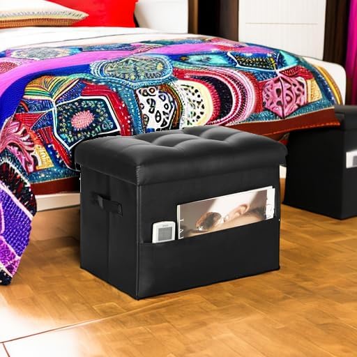 Storage Ottoman Foot Rest Stool with Thicker Foam Padded Seat. Foldable Leather Footstool Bench. Small Ottoman with Storage for Living Room Bedroom Coffee Table 350 lbs, 17x13x13in, Black.