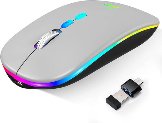 HOTLIFE LED Wireless Mouse, Slim Rechargeable Bluetooth Mouse, 2.4G Portable USB Optical Wireless Computer Mice with USB Receiver and Type C Adapter (Grey)