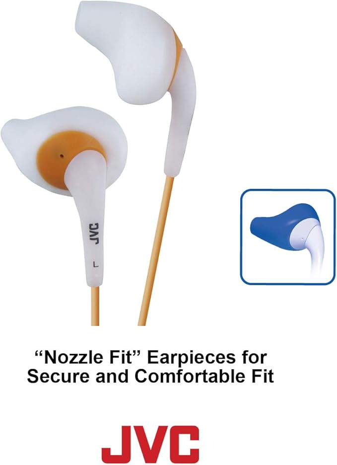 JVC White and Orange Nozzel Secure Comfort Fit Sweat Proof Gumy Sport Earbuds with long colored cord HA-EN10W
