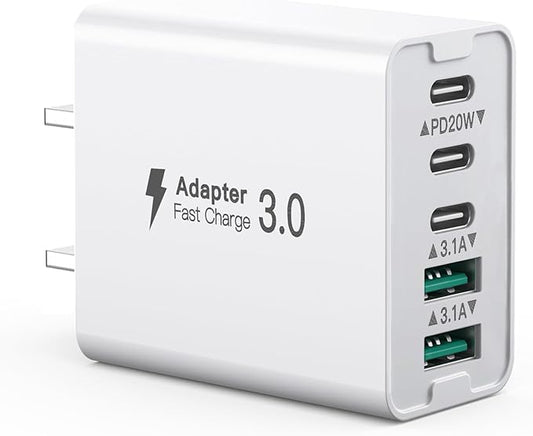 USB C Wall Charger, 50W 5 - Port Charger Block, Fast Charging 3 Type - C + 2 QC Wall Plug Multiport for iPhone 12/13/14/15, PD Fast Charger Power Adapter for Samsung S23/S22/S21/Tablet