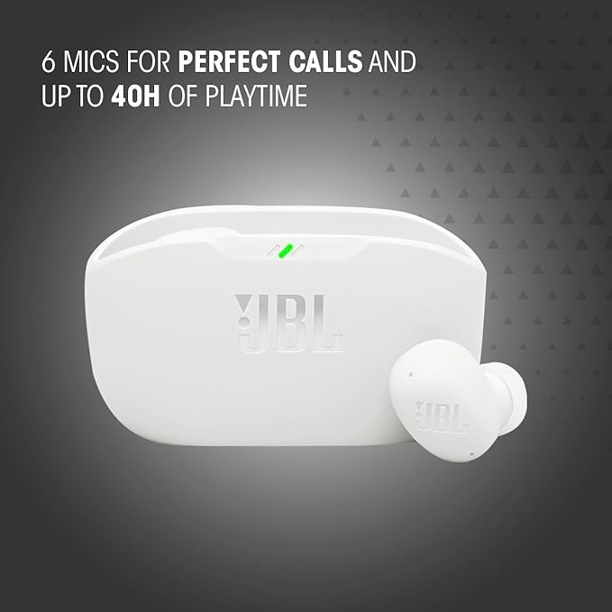 JBL Vibe Buds 2 - True Wireless Noise Cancelling Earbuds with JBL Pure Bass Sound & Smart Ambient technology, 4mics for crisp, clear calls, up to 40Hrs of Playback, IP54 Dust & Water resistant (White)
