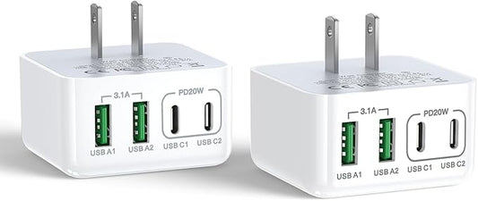 2-Pack 40W Flat USB C Charger Block Slim Wall Charger Multiple Ports Fast Charging Adapter with PD & QC 3.0 Compatible with iPhone 16 15 14 13 12 11 Pro Max XS XR 8 7 Samsung Galaxy iPad and More