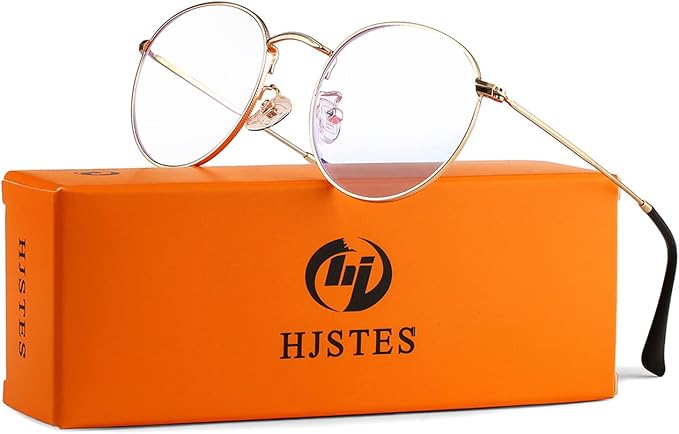 HJSTES Round Blue Light Glasses for Women Men Retro Circle Clear Lens Metal Frame Eyeglasses