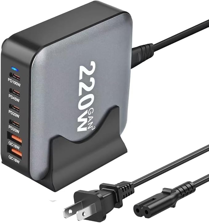 220W USB C Charger Block GaN III USB Desktop Charging Station 6 Ports QC4.0 Fast Charging Station Hub+PD 100W Type C Laptop Charger Adapter Compatible with MacBook Pro Laptop Tablet and Phone