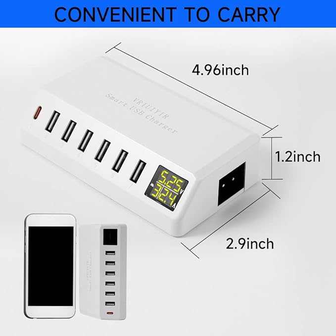 USB Charging Station, 60W/12A 7-Port USB Charger Station with LED Display for Multiple Devices PD20W USB C Charger for All iPad iPhone14/13/12 Pixel Galaxy Tablet Headphones and More (White)