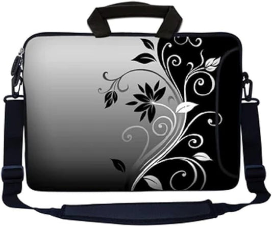 LSS 13.3 inch Laptop Sleeve Bag Carrying Case Pouch w/Handle & Adjustable Shoulder Strap,Gray Black Swirl Floral